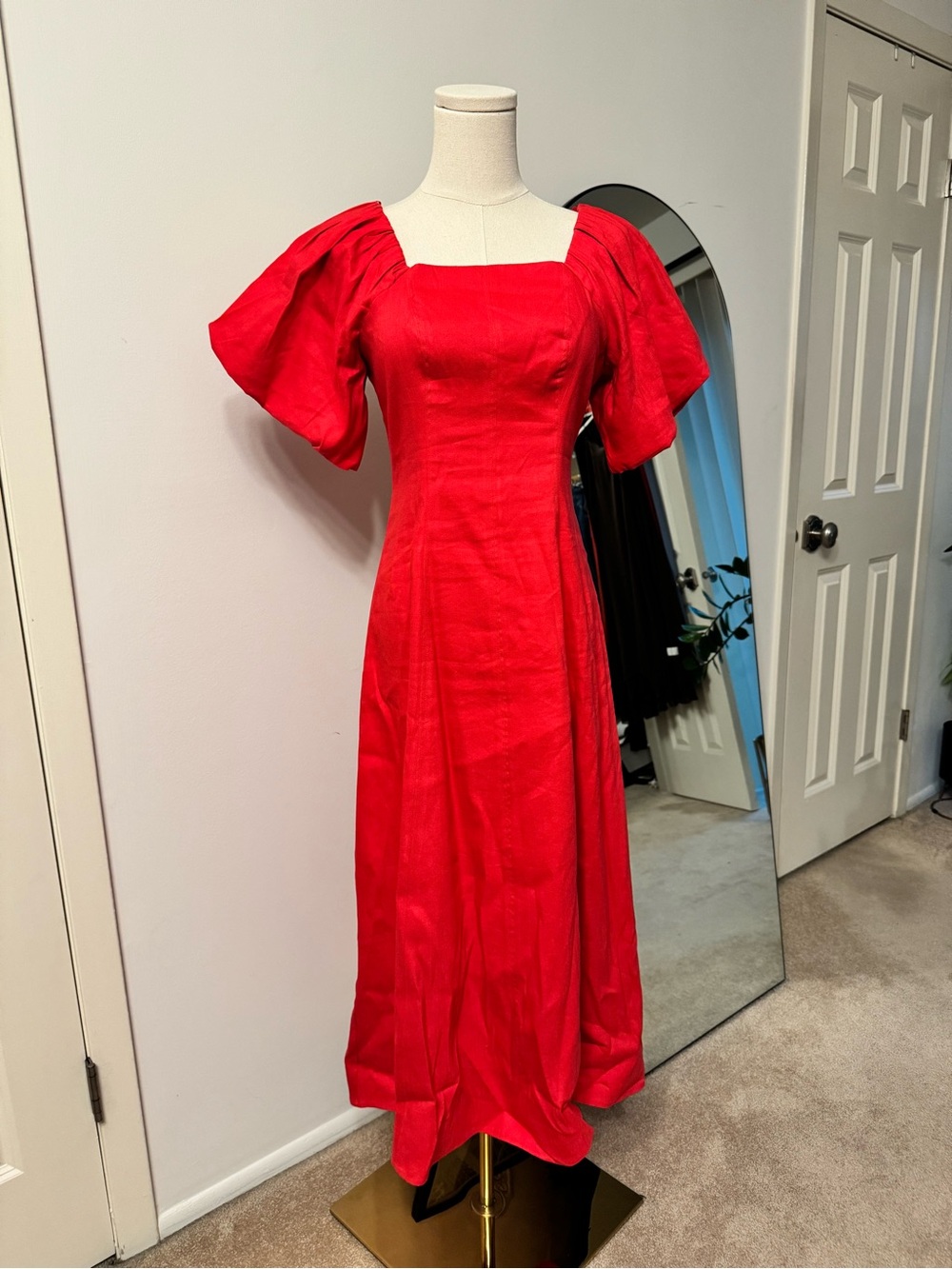 Worn once - Nordstrom Linen Blend Midi Dress Red Saucy Square Neck Puff Sleeve